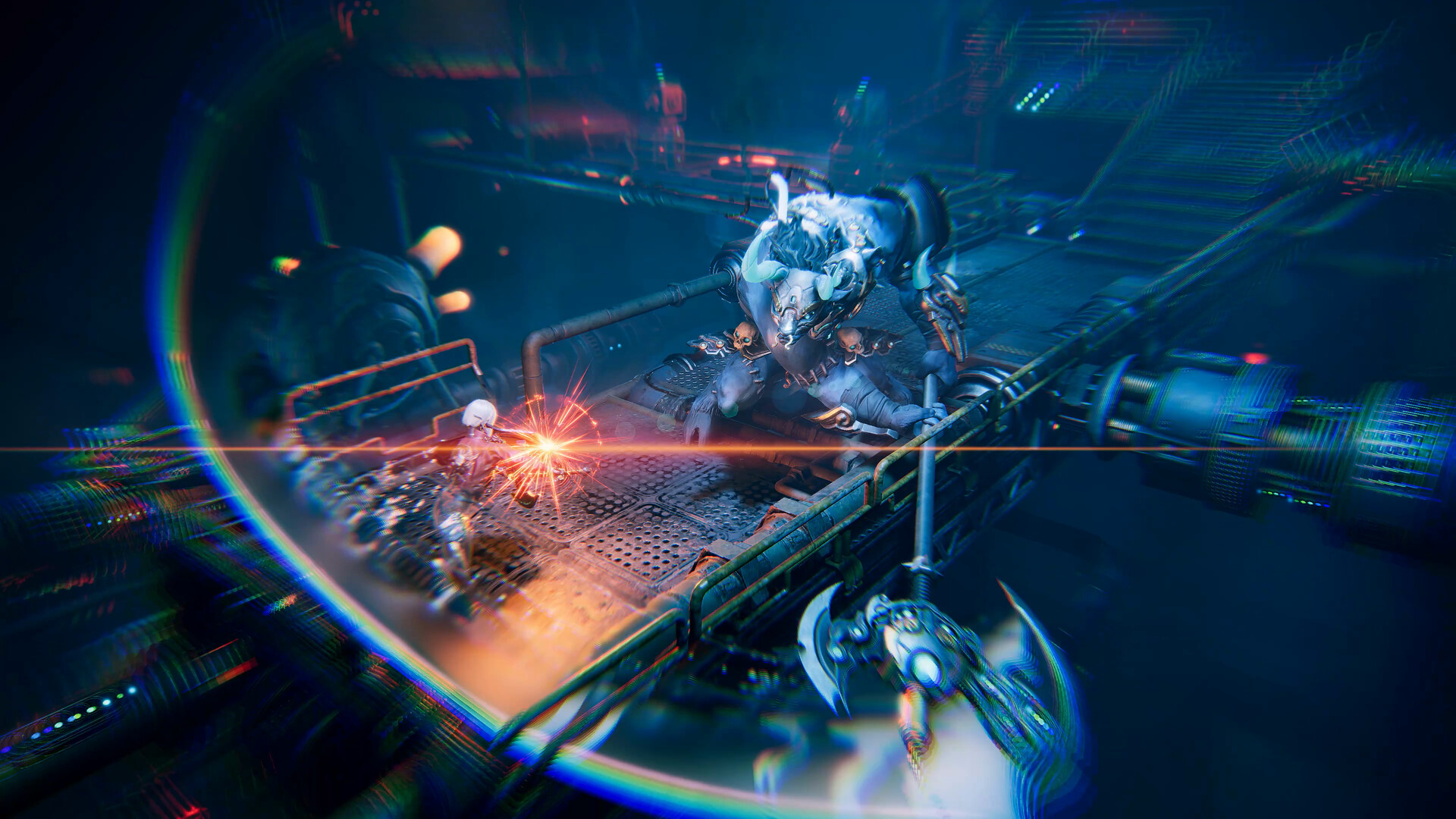 ReBlade official Steam screenshot: Player clashing with a mechanical creature on a metal platform