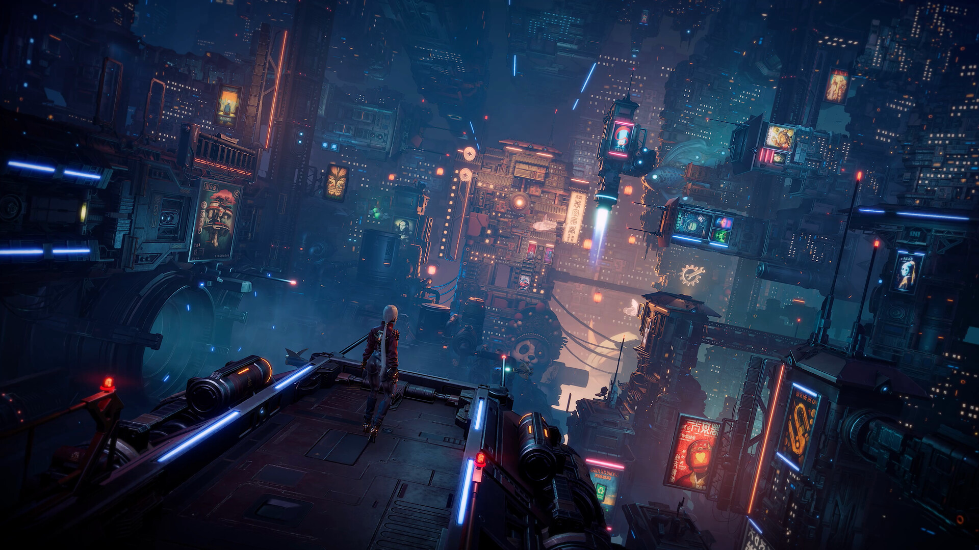 ReBlade official Steam screenshot: Character overlooking a neon-lit mechanical city