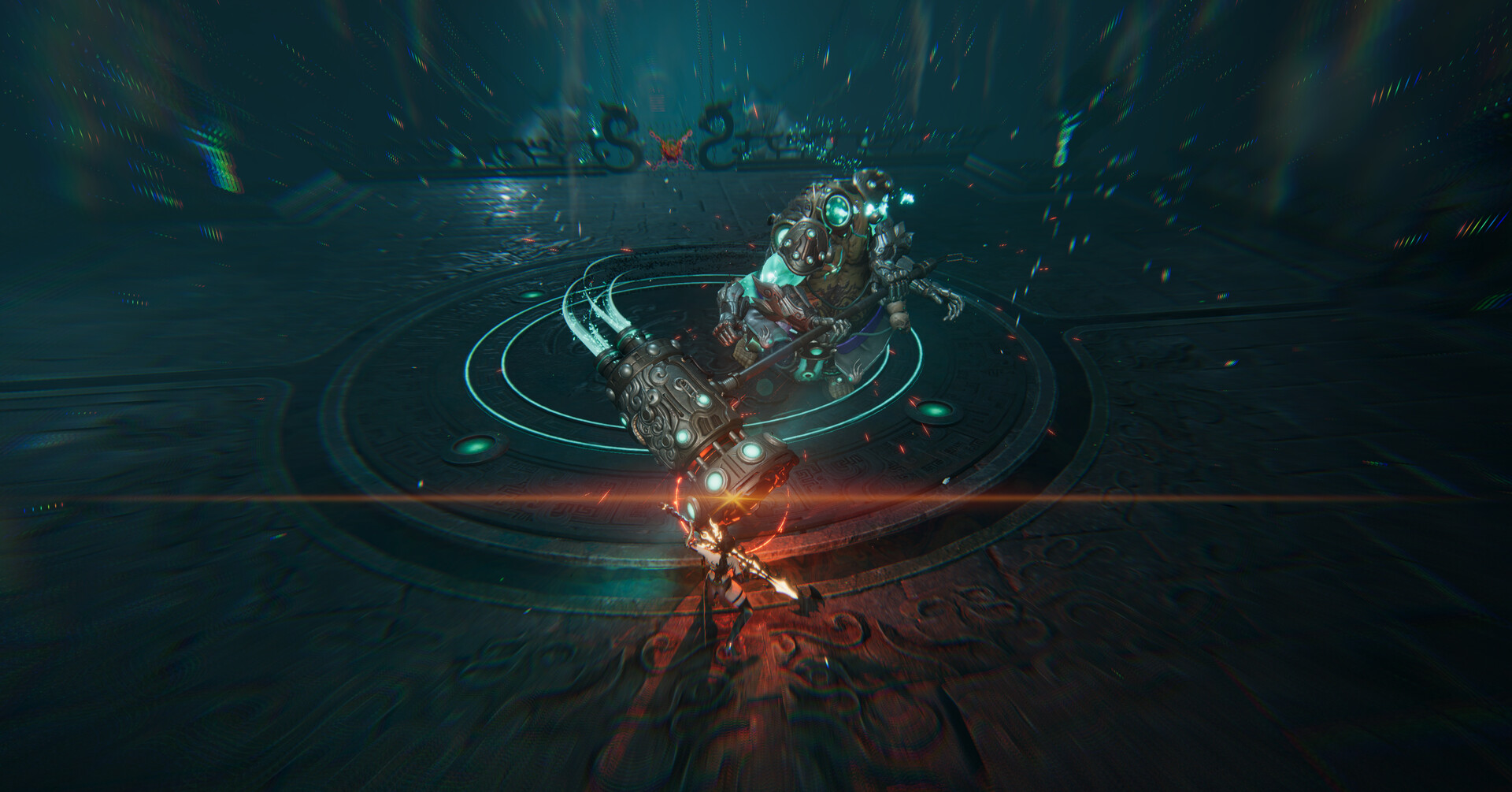 ReBlade official Steam screenshot: Player facing a hammer-wielding mechanical enemy